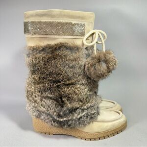 COACH Vintage Beige Maryann Rabbit Fur Winter Wedge Boots with Beaded Trim